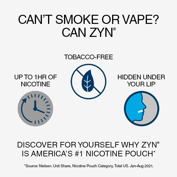 Can't Smoke or Vape? Can Zyn. Tobacco Free, Up to 1 hour of nicotine & invisible under your lip. Discover for yourself why zyn is america's number 1 nicotine pouch.