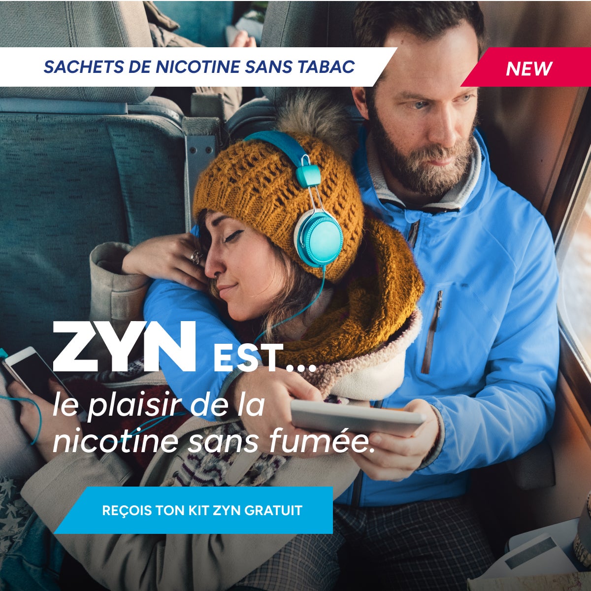 Image d’un homme et d’une femme dans un train. Image superposée d’une boîte de ZYN Cool Mint bleu clair