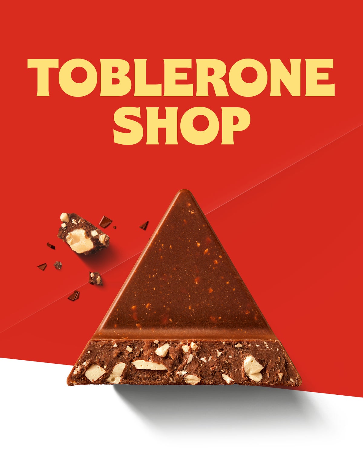Toblerone shop with picture of a triangle of toblorone on a red background.