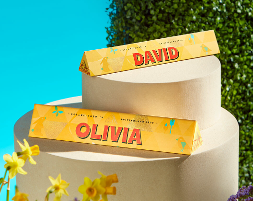 Personalised Toblerone bars in a colourful background