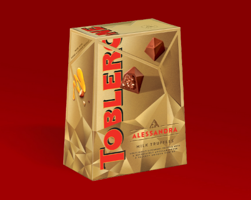 A toblerone truffles on a red background