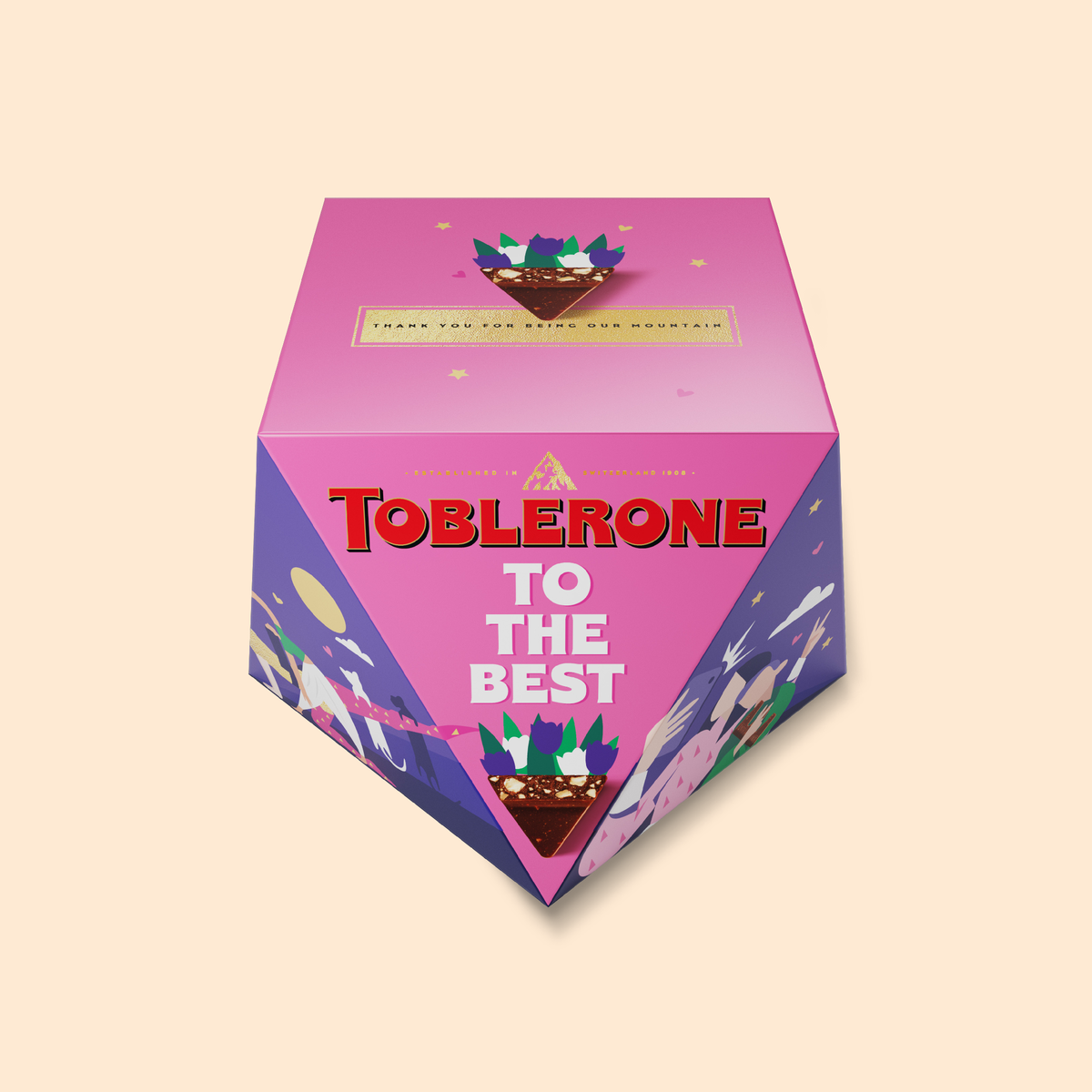 Personalised Toblerone Chocolate Box placed in front of an ivory background.