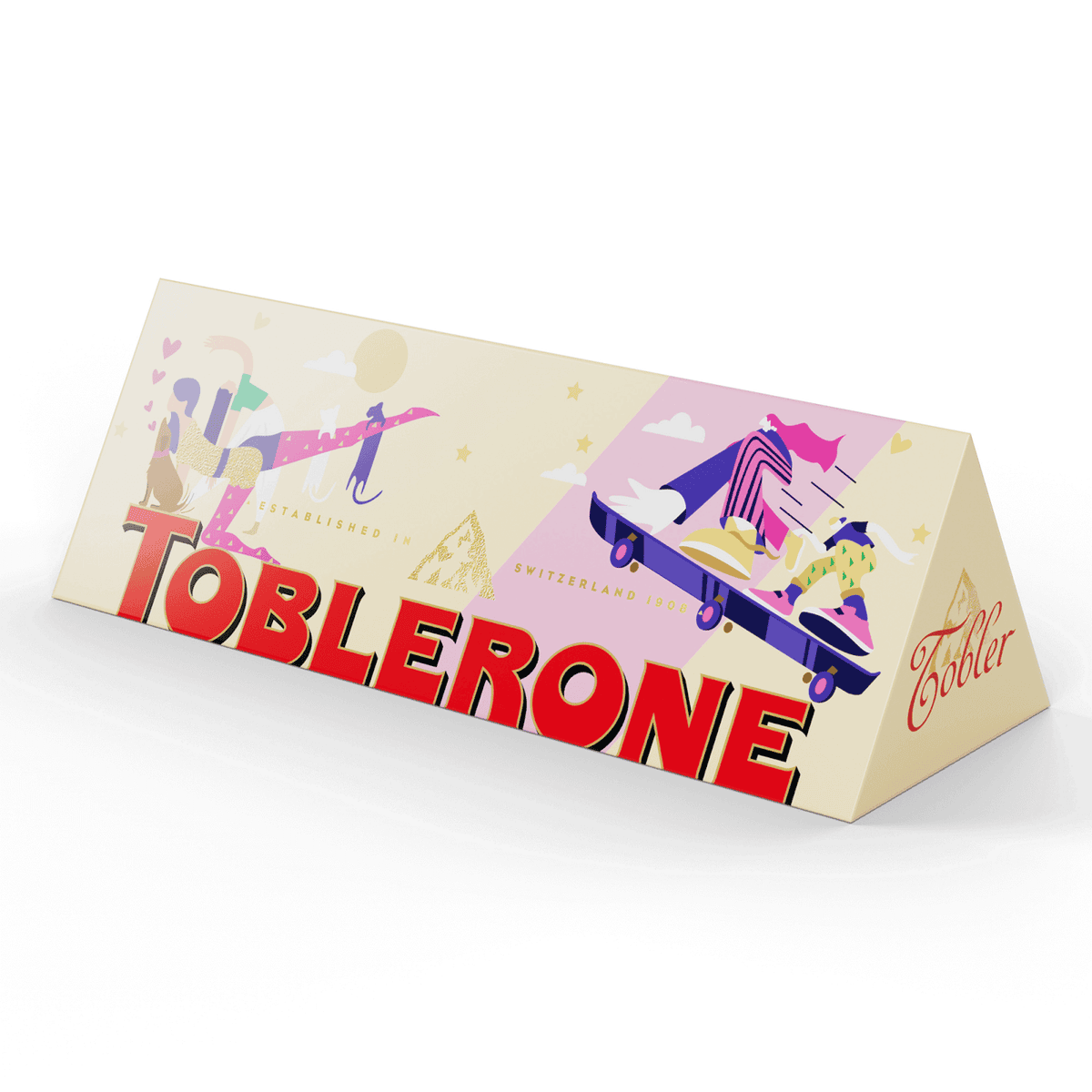 Personalised Toblerone Edgy Egg placed in front of a yellow background.