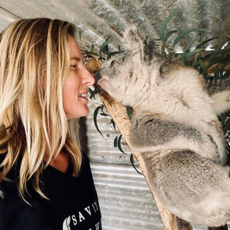 A woman touching noses with a rescued koala. Comvita Manuka Honey is helping Australian Wildlife affected by bushfires.