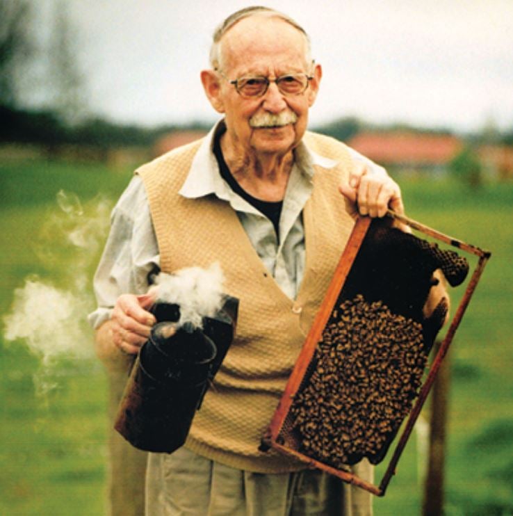 An old aged founder of Comvita holding a hive with lots of honey bees on it.