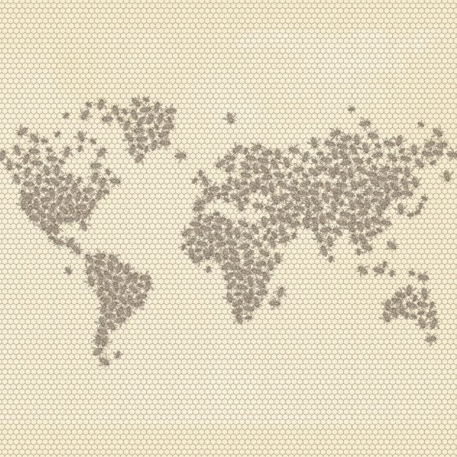 A world map formed by honey bees, who represent continents.