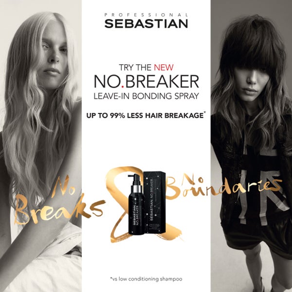 PROFESSIONAL SEBASTIAN. TRY THE NEW NO.BREAKER LEAVE-IN BONDING SPRAY UP TO 99% LESS HAIR BREAKAGE* vs low conditioning shampoo. No breaks and no boundaries.
