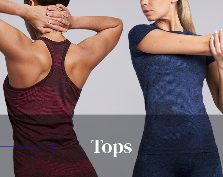 Women's Tops. Two women stretching while wearing blue and burgundy tops from HPE Activewear.