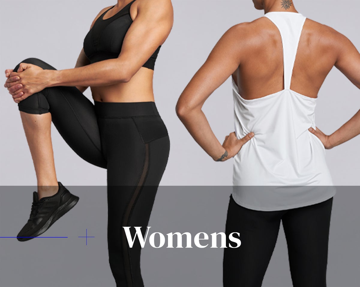 Women's sports clothes from HPE Activewear. Two women wearing black and white leggings and tops while stretching.