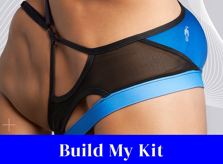 Build my kit. A woman wearing a blue sports bra from HPE Activewear.