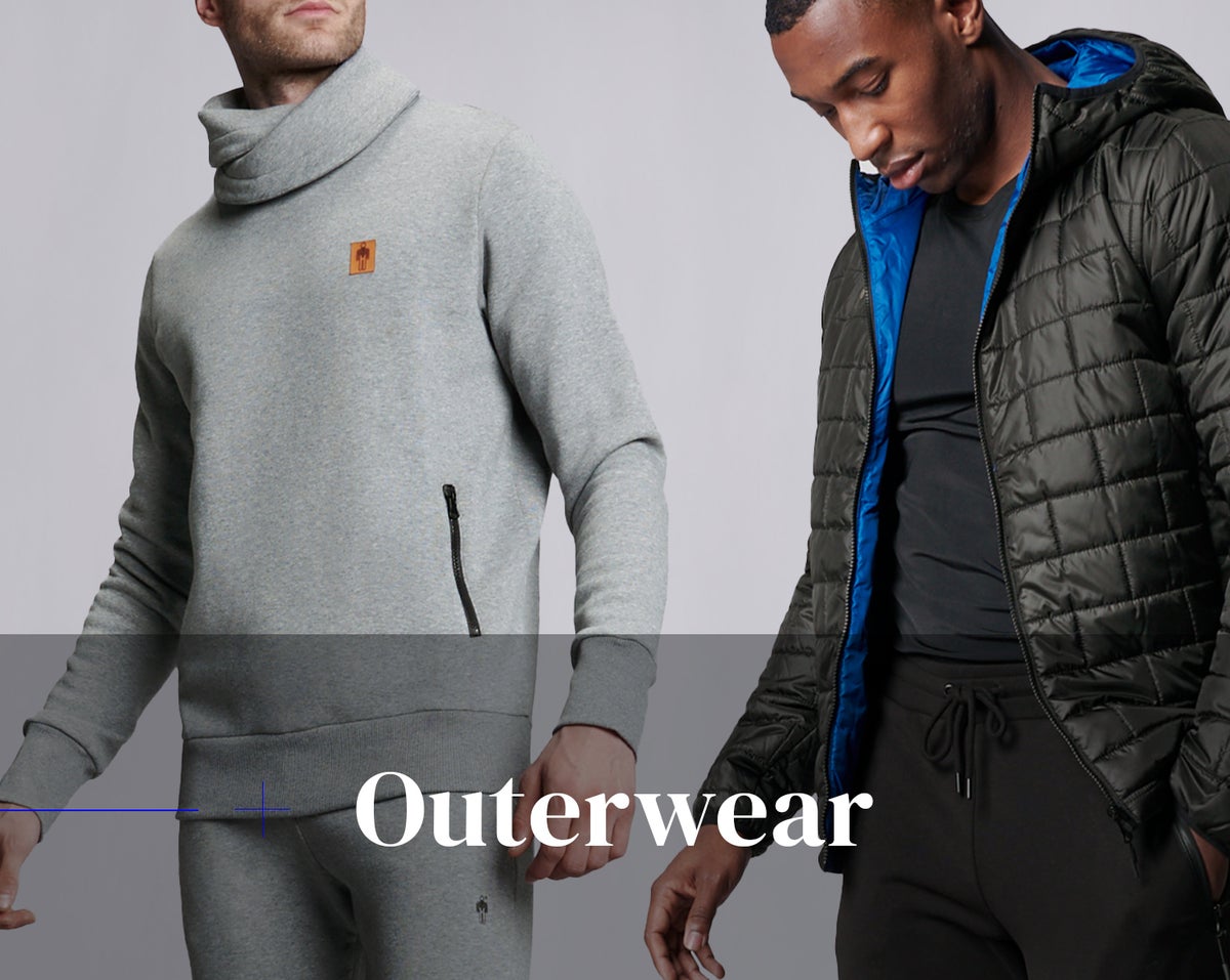 Outerwear for men. Two males wearing outerwear. One of them is wearing a grey hoodie, while the other one is wearing a black T-Shirt and a jacket.