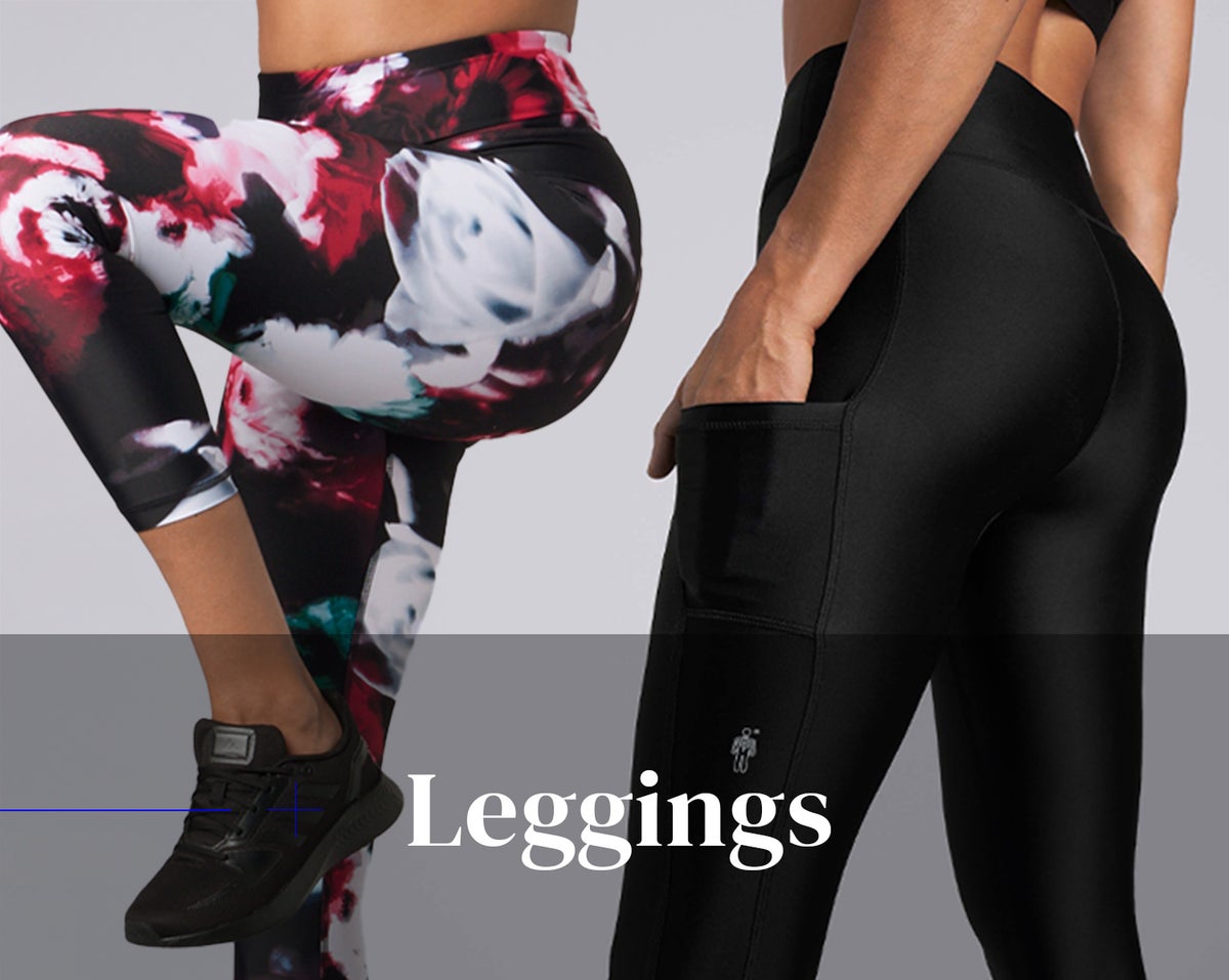 Women's Leggings. Two models wearing leggings from HPE Activewear. One of them is wearing a black pair of leggings and another woman is wearing black leggings with flower print on it.