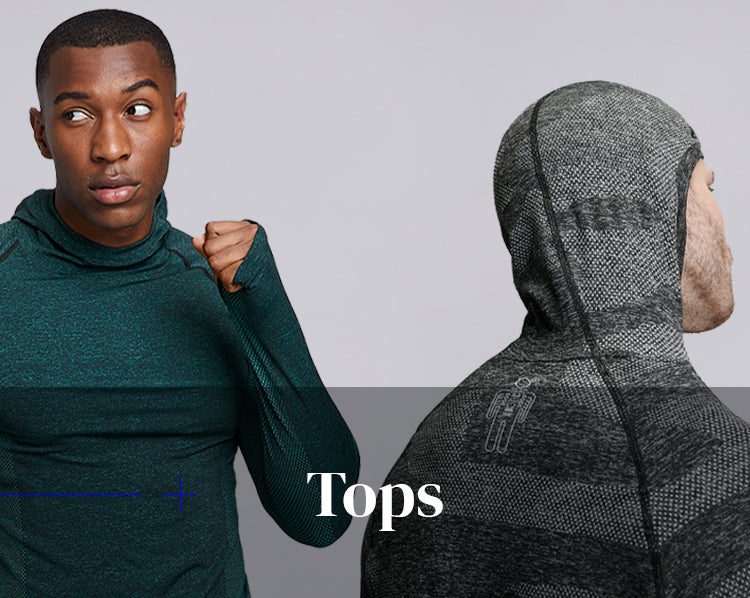 Men's Tops. Two male models wearing HPE Activewear sportswear. One man is wearing a green long sleeve top and another man wearing a grey long sleeve top.