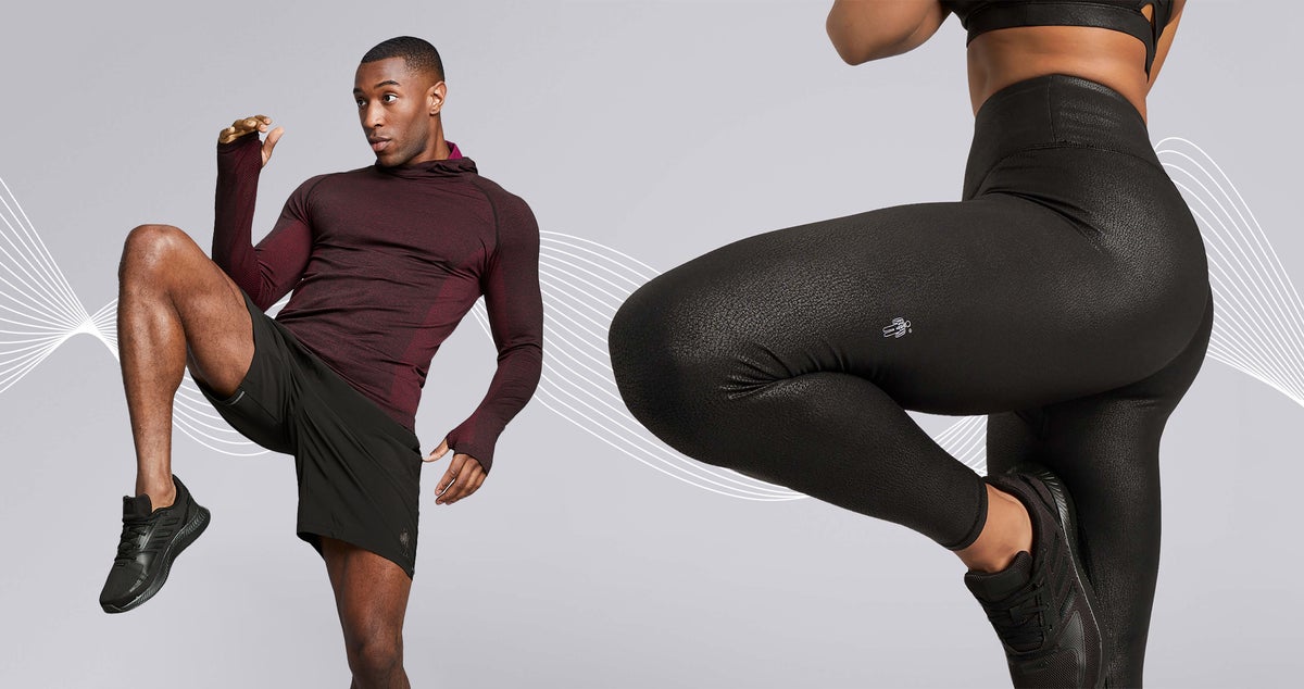 A male and a female models stretching while wearing HPE Activewear clothing. A woman is wearing black leggings and a top, while a man is wearing black shorts and burgundy long sleeve top.