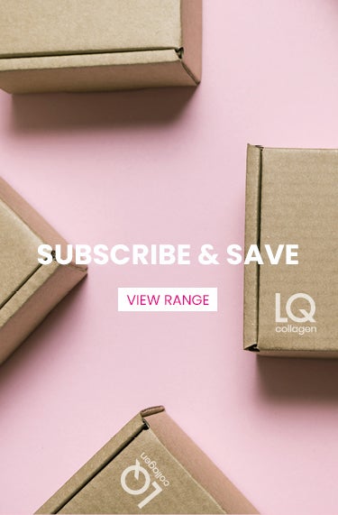 Image of 4 LQ Collagen branded cardboard boxes on pink background. Text stating 'Subscribe & Save', with 'View Range' CTA linking to subscriptions page.