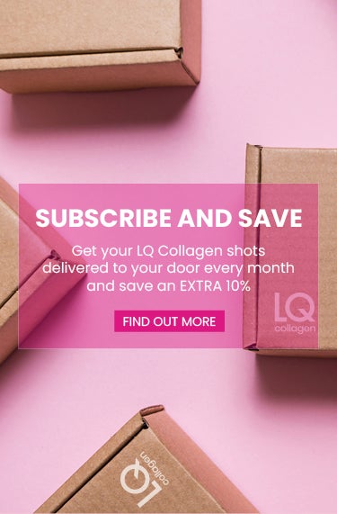 Image of 4 LQ Collagen branded cardboard boxes on pink background. Text stating 'Subscribe & Save', with 'View Range' CTA linking to subscriptions page.