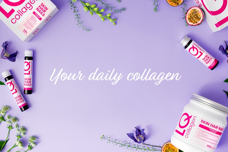 Colourful image showing a variety of LQ Collagen Skin Hair Nails Products, including liquid collagen and collagen powder. Surrounded by fruit and flowers. Text saying 'For a happier and healthier you'. Image links to Our Story page.