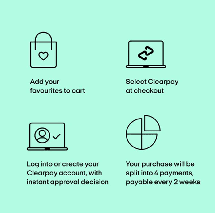 Add your favourites to cart. Select clearpay at checkout. Log into or create your clearpay account, with instant approval decision. Your purchase will be split into 4 payments, payable every two weeks.