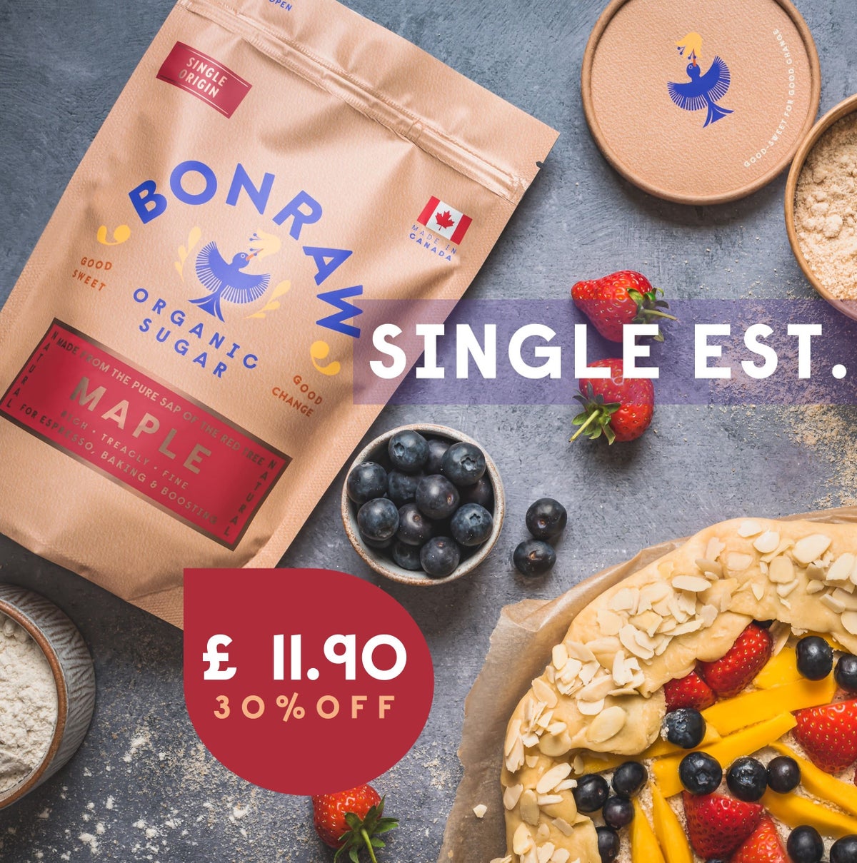 Single est, fine maple sugar. quebec, canada. 30% off. Now £11.90
