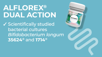 Alflorex® Dual Action probiotic combines two unique friendly bacterial cultures, Bifidobacterium longum 35624® and Bifidobacterium longum 1714®, with calcium to support digestive health and selected B vitamins to reduce fatigue and support mental performance.