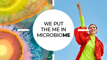 Take control of your MicrobioME. A smiling woman wearing green and red top.