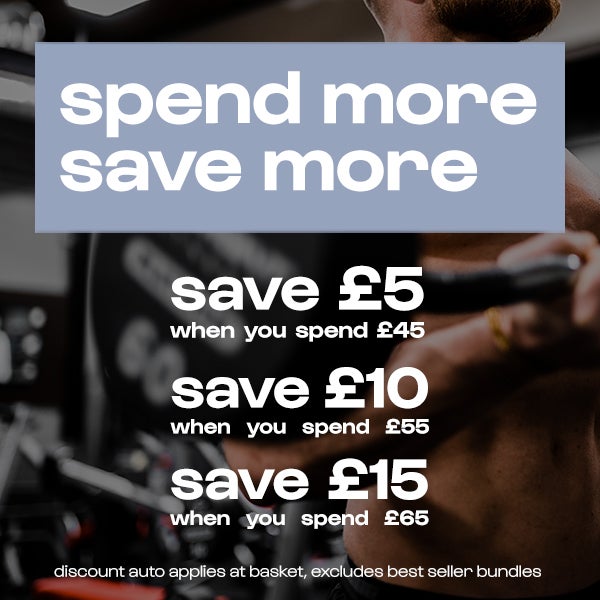 spend more, save more. save £5, when you spend £45, save £10 when you spend £55, save £15, when you spend £65. Discount auto applies at basket, excludes best seller bundle