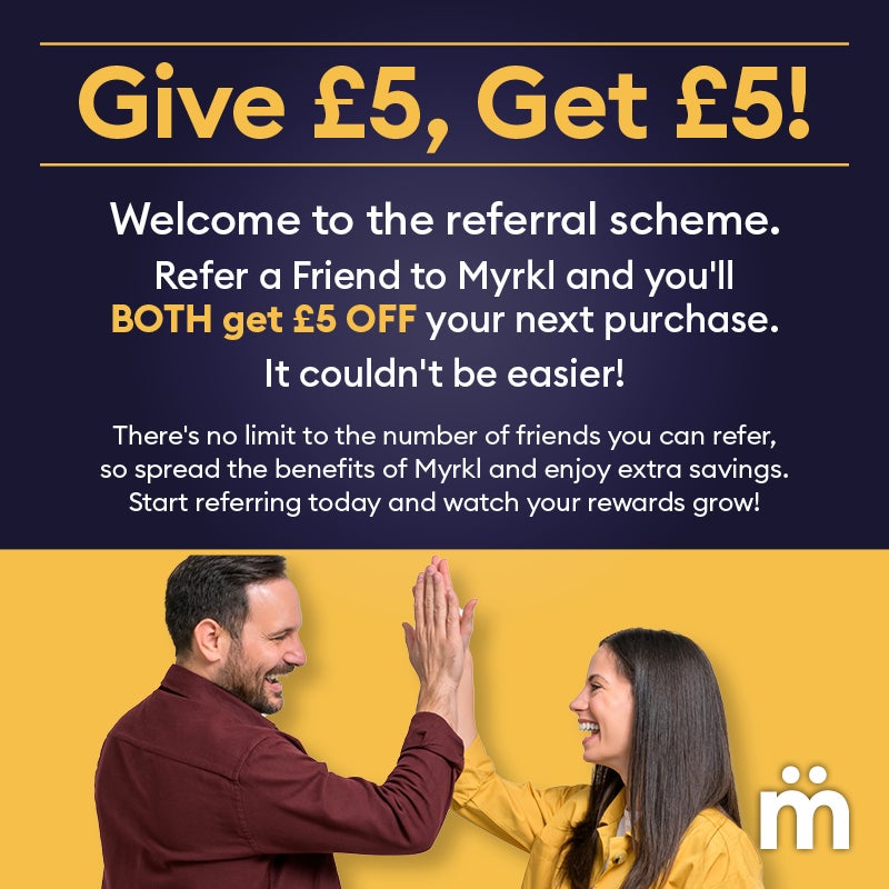 Give £5, Get £5! Welcome to the referral scheme. Refer a Friend to Myrkl and you'll BOTH get £5 OFF your next purchase. It couldn't be easier!  There's no limit to the number of friends you can refer, so spread the benefits of Myrkl and enjoy extra savings. Start referring today and watch your rewards grow!