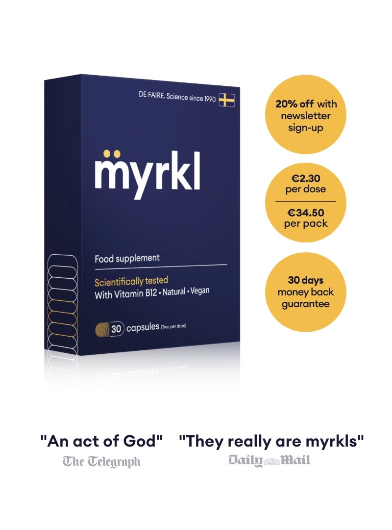 Myrkl food supplement. 25% off with newsletter sign up. 2.30 euro per dose. 34.50 euro per pack. 30 days money back guarantee
