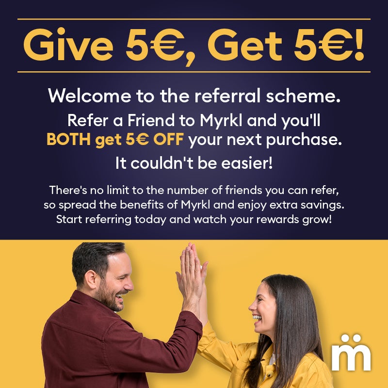 Give 5€, Get 5€! Welcome to the referral scheme. Refer a Friend to Myrkl and you'll BOTH get 5€ OFF your next purchase. It couldn't be easier!  There's no limit to the number of friends you can refer, so spread the benefits of Myrkl and enjoy extra savings this May. Start referring today and watch your rewards grow!