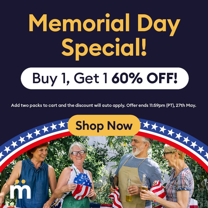 memorial day special. Buy 1 get 1 60% off. Add two packs to cart and the discount will auto apply. Offer ends 11:59pm (PT) 27th May.
