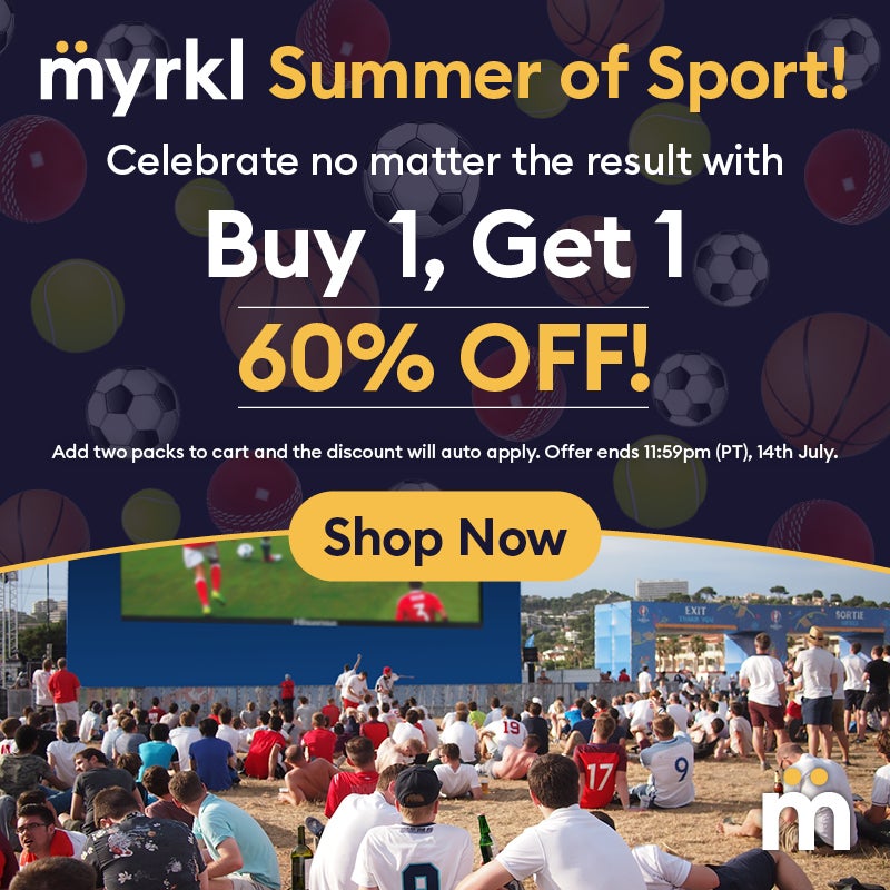 myrkl summer of sport. Celebrate no matter the result with. Buy 1 get 1 60% off. Add two packs to cart and the discount will auto apply. Offer ends 11:59pm (PT) 14th July