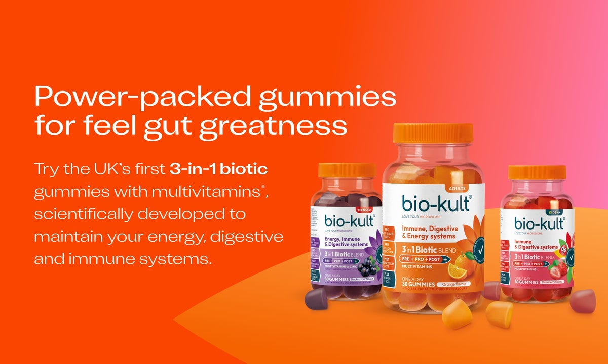 Power packed Gummies for feel gut greatness. Try the UK's first 1-in-1 Biotic gummies with multivitamins, scientifically developed to maintain your energy, digestive and immune systems.