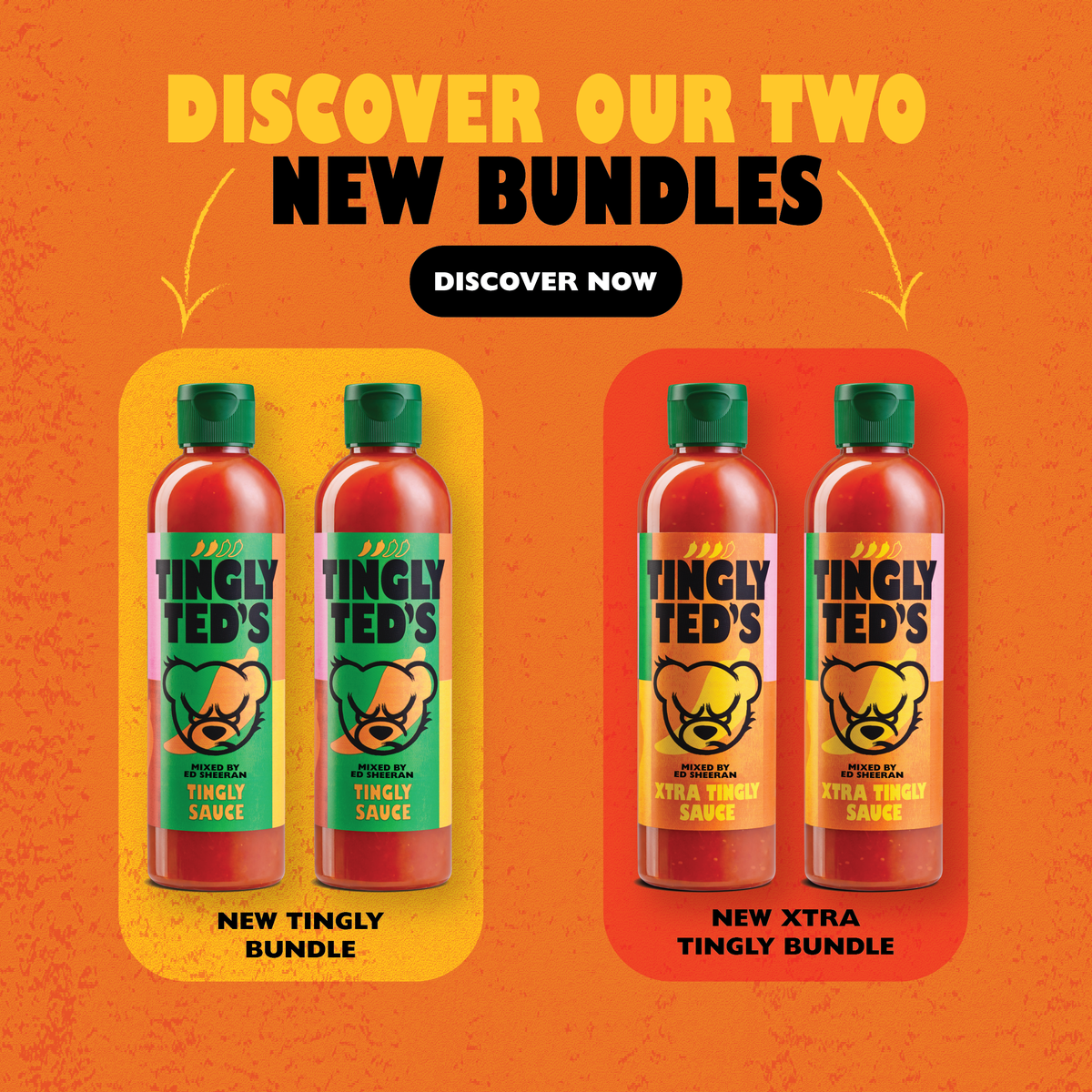 Two images of tingly sauce (2 bottles) and xtra tingly sauce (2 bottles) set against an orange background. These are new releases and by clicking on the banner you can discover more, and buy.