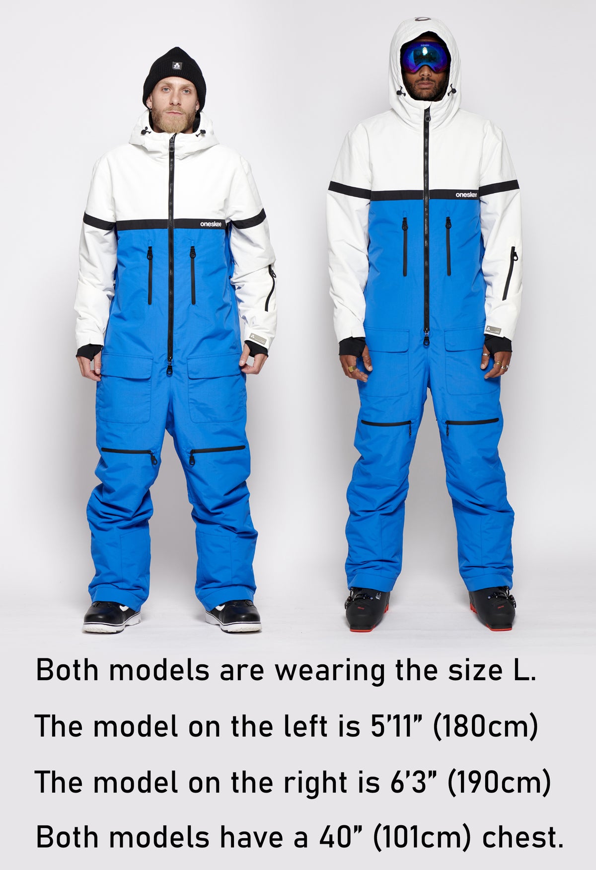 Both models are wearing the size L. The model on the left is 5'11" (180cm) The model on the right is 6'3" (190cm) Both models have a 40" (101cm) chest.