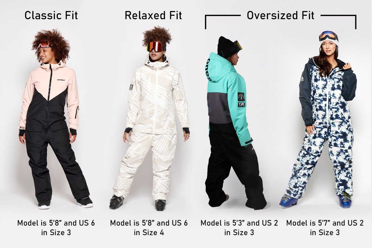 Classic Fit; Model is 5'8" and US 6 in Size 3, Relaxed Fit; Model is 5'8" and US 6 in Size 4, Oversized Fit; Model is 5'3" and US 2 in Size 3, Model is 5'7" and US 2 in Size 3