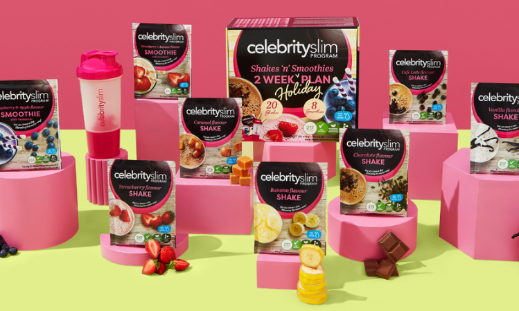 A variety of Celebrity Slim products including Soups, Shakes and a shaker
