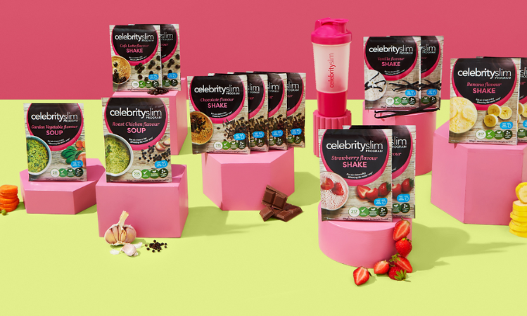 A variety of Celebrity Slim products including Soups, Shakes and a shaker