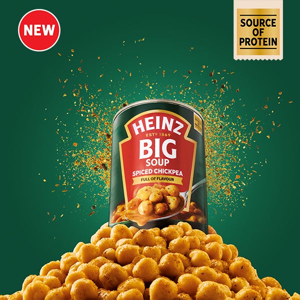 Warm Up with Heinz Spiced Chickpea Big Soup. Chunky chickpeas, veg, and warming spices - packed with protein, fibre, and 1 of your 5-a-day. Ready to enjoy in minutes! Try today with Heinz Build-a-Box and take advantage of our 3 for £4.00 introductory offer! <br><br>Hurry, intro offer ends 10:00am, 30/10/25.