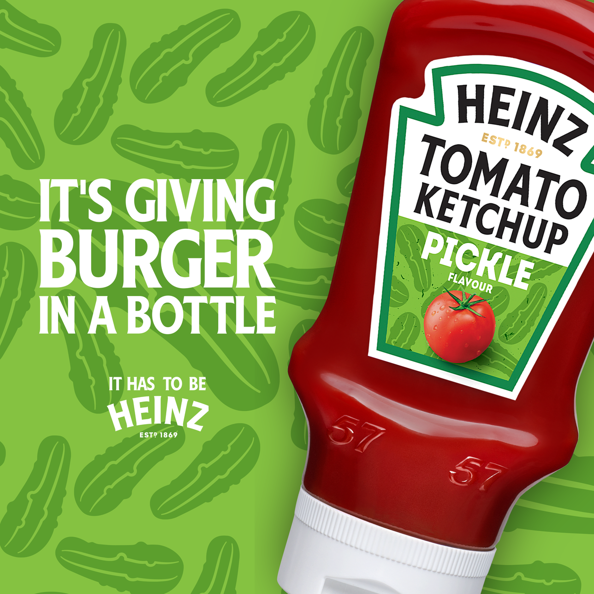PICKLE YOUR TASTEBUDS WITH THE NEW TOMATO KETCHUP PICKLE FLAVOUR! Introducing a new pickle flavoured ketchup. It’s ketchup, but with big pickle energy.
