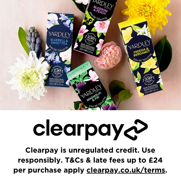 Clearpay is unregulated credit. Use responsibly. T&Cs & late fees up to £24 per purchase apply clearpay.co.uk/terms.
