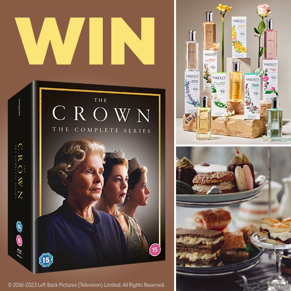 win a champagne afternoon tea for 2, a selection of yardley fragrances and the complete collection of the crown on dvd - sign up now