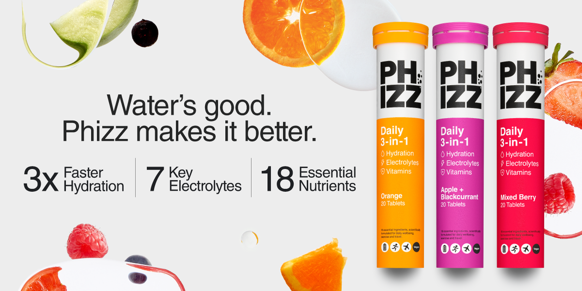 Phizz - water's good, but Phizz makes it better. 3x faster hydration, 7 key electrolytes and 18 essential nutrients!