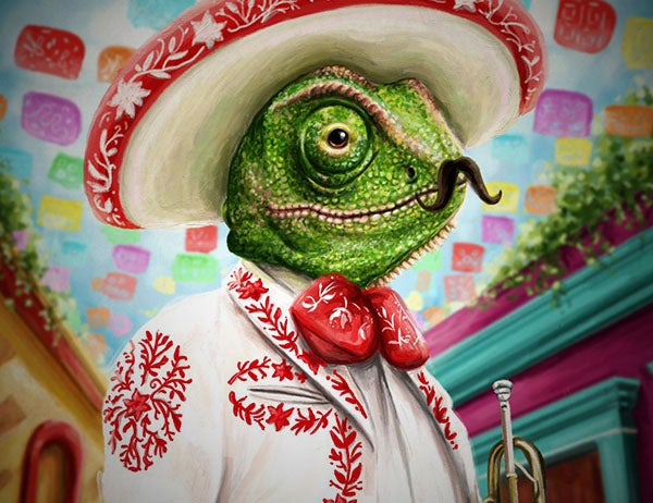 Cartoon of a chameleon wearing a charro hat