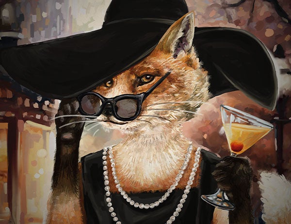A ginger cat wearing black hat, pearl necklace, black dress, and holding a cocktail glass