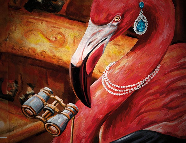 Cartoon of a flamingo wearing pearl necklace and looking through binoculars