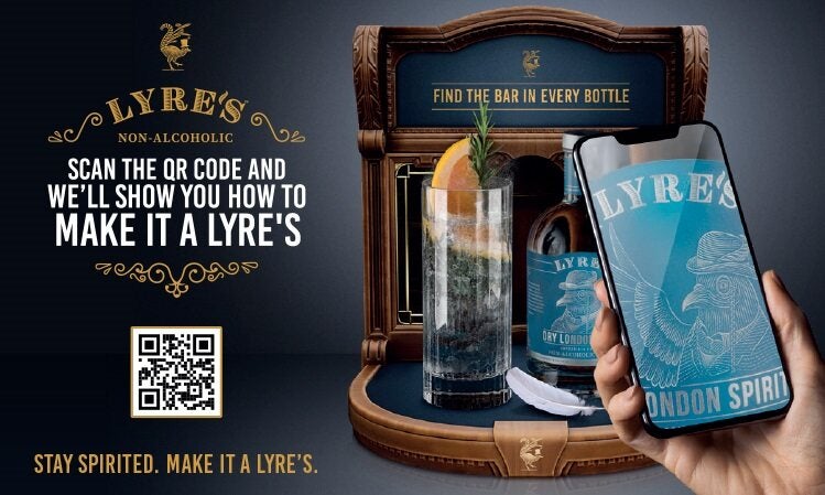 LYRE'S NON - ALCOHOLIC: SCAN THE QR CODE AND WE'LL SHOW YOU HOW TO MAKE IT A LYRE'S. STAY SPIRITED. MAKE IT A LYRE'S