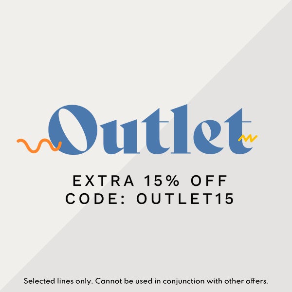 Outlet Extra 15% Off Code: OUTLET15 Selected lines only, cannot be used in conjunction with any other offers.