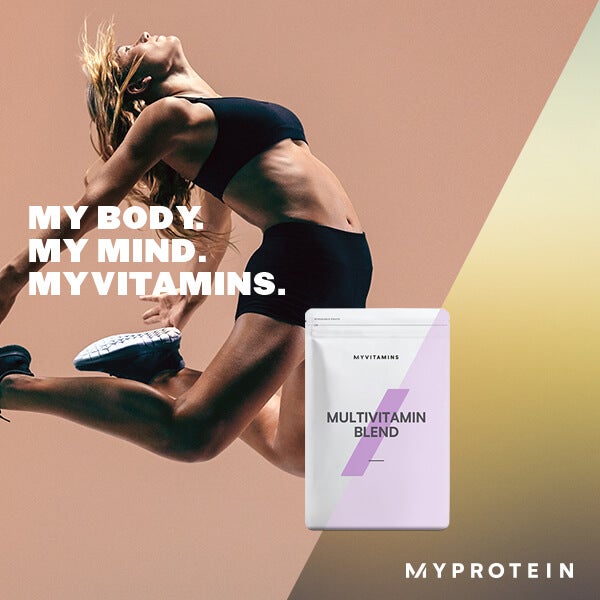 Female athlete who has jumped in the air, Myprotein multivitamin blend packet imposed on top