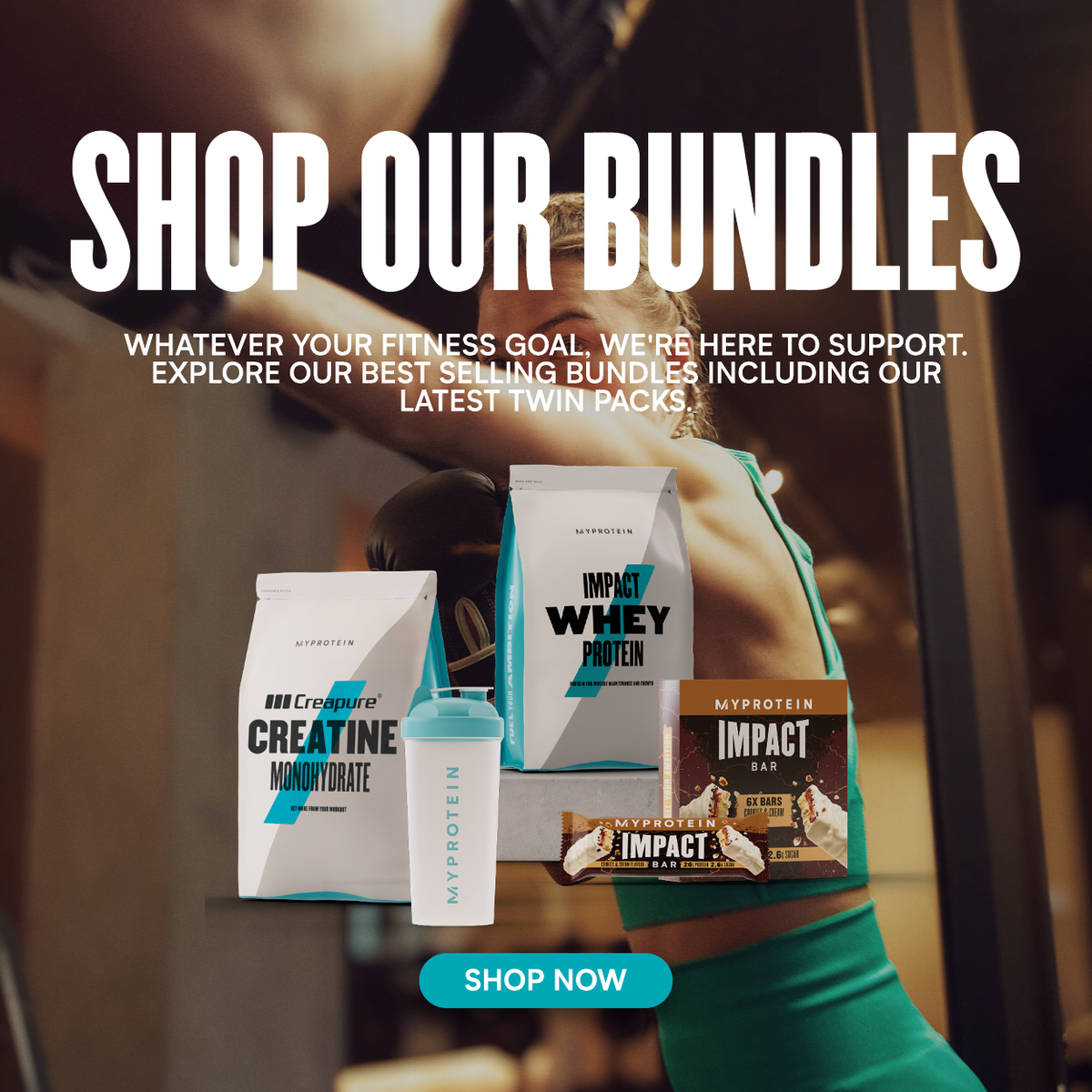 Promotional banner for bundle of products featuring Myprotein protein powders, protein bars, creatine and a shaker with a women working out.