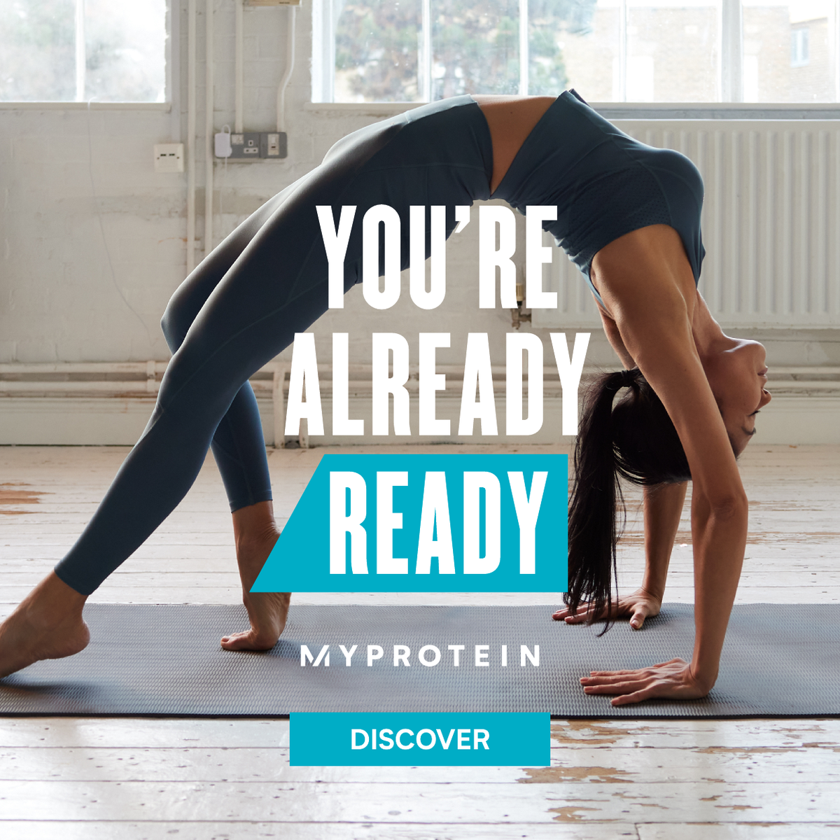 yoga 'You're Already Ready - MYPROTEIN' overlaying.